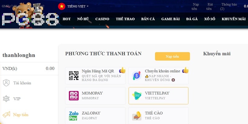 Phương thức Nạp tiền PG88 thông dụng